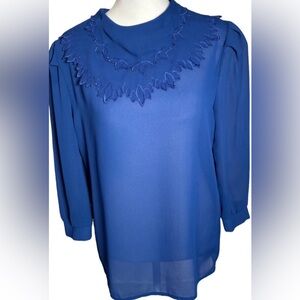Vintage John Matthew California M Blue Leaf Embroidery Detail Blouse
